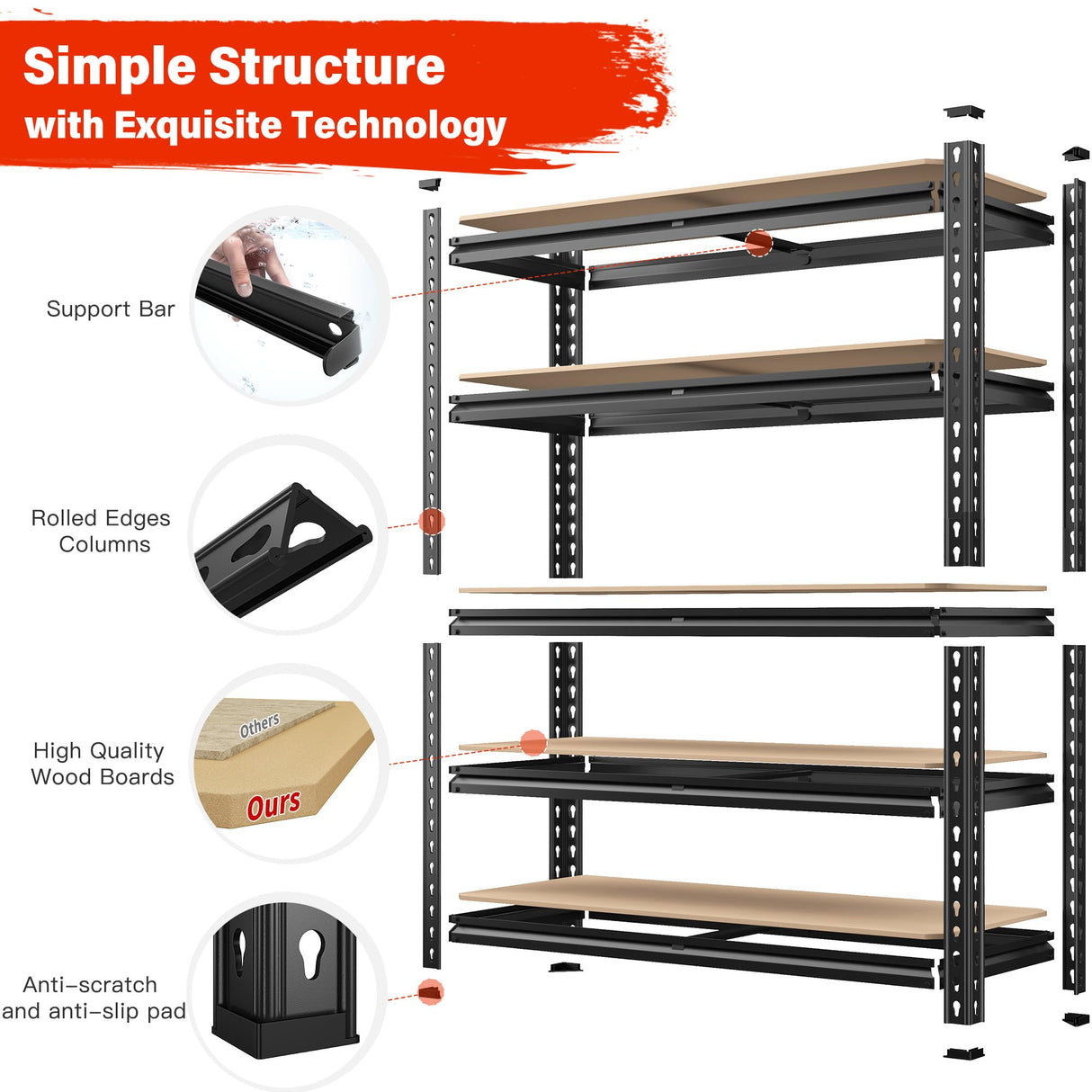 REIBII 72" Garage Shelving, Heavy Duty Storage Shelves 2000LBS, 5 Tier Metal Shelving Unit, Adjustable Garage Storage Shelves for Warehouse Pantry Basement, 72'' H X 35.5'' W X 11.8'' D, 4 Pack REIBII