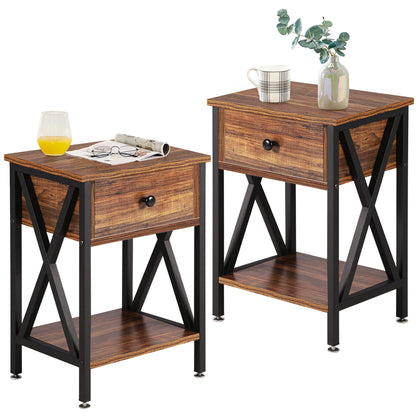 VECELO Night Stands for Bedroom Nightstand Bedside End Tables with Drawer Storage, (Set of 2), Rustic Brown - WoodArtSupply