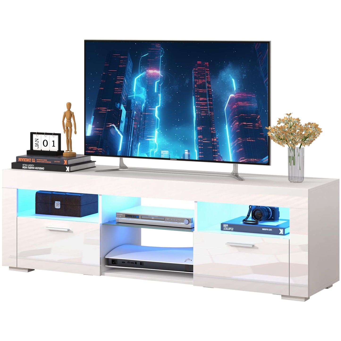 SANYOAC White TV Stand for 50/55/65 Inch TV, Entertainment Center with Led Lights, Modern TV Stands for Bedroom, TV Console with Storage and Shelves for Living Room Bedroom