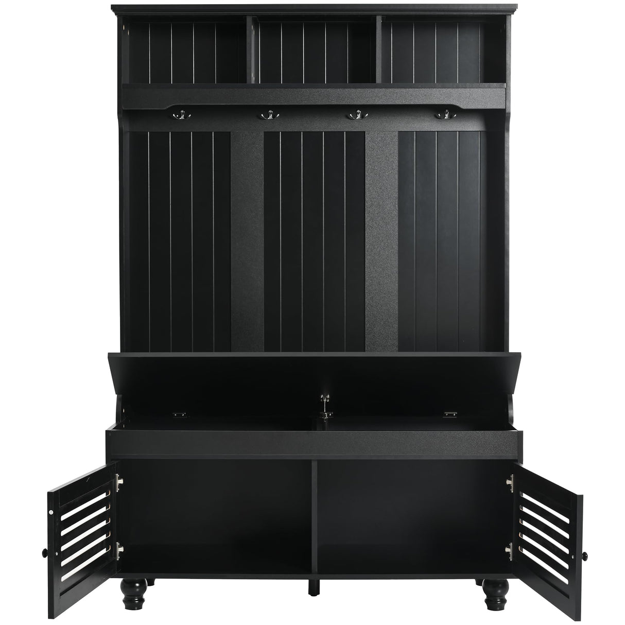 Merax Wood Hall Tree with Shoe Storage Bench for Entryway, 5-in-1 Coat Rack with 4 Hooks and Shelves for Entrance, Hallway Black Merax