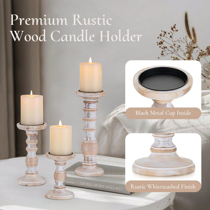 Wood Candle Holders for Pillar Candles: 3Pcs White Rustic Wood Candle Holders Distressed Wooden Farmhouse Candle Holders Rustic Candle Holder Tall Pillar Candle Holder Stand for Fireplace Tab - WoodArtSupply