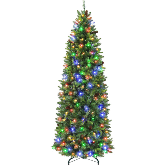 Hykolity 7.5 ft Prelit Slim Christmas Tree with 300 Multicolor Twinkling LED Lights, 1478 PE & PVC Realistic Tips, Artificial Christmas Tree with Pine Cones, Metal Stand and Hinged Branches, 11 Colors