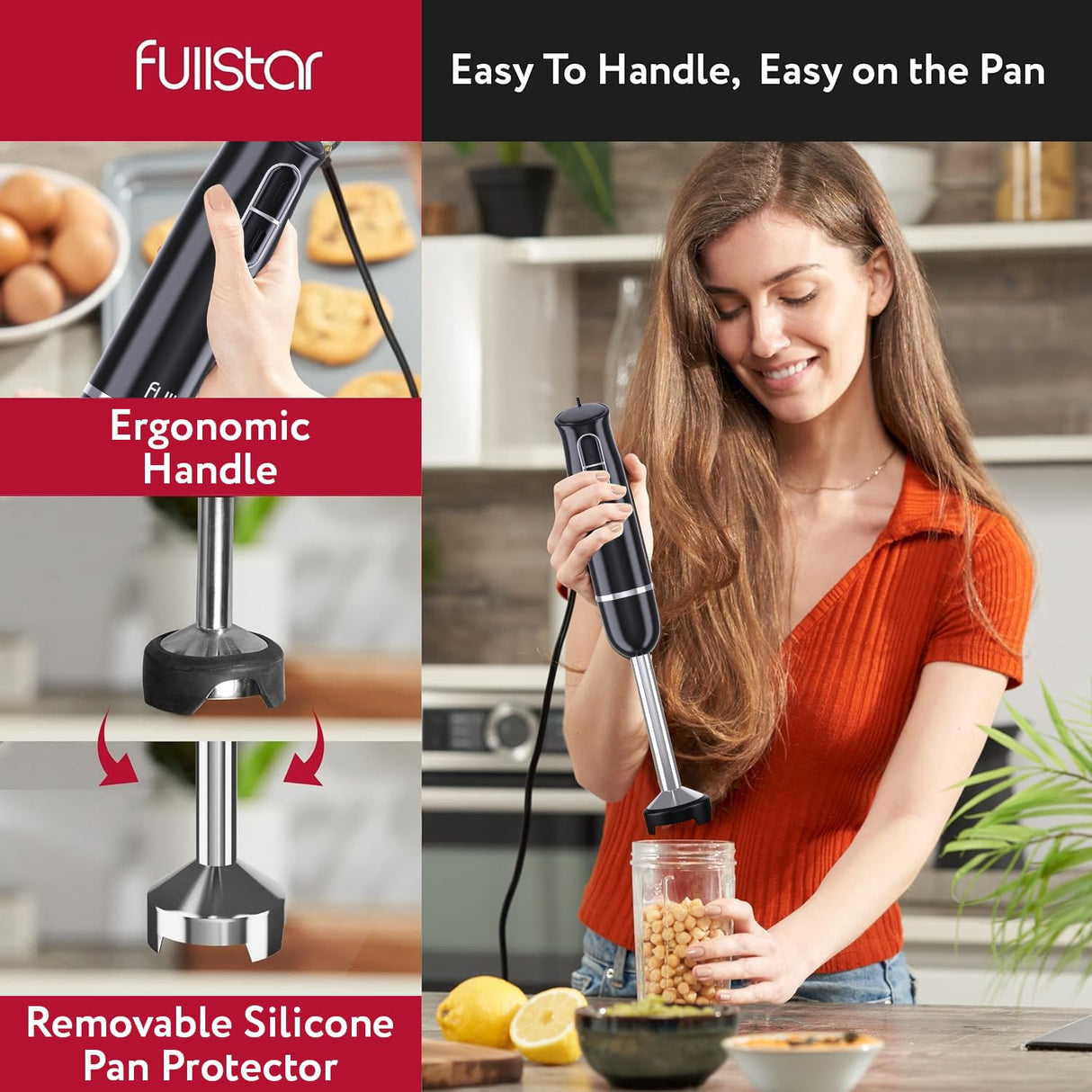 Fullstar Immersion Blender Handheld - 300W Hand Blender Stick with Pan Protector, 2-Speed Emulsion Hand Blenders Immersion, Hand Mixer Electric Handheld, Stick Blender, Hand Blenders for Kitchen fullstar