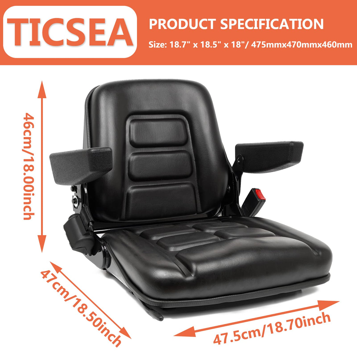 TICSEA Universal Fold Down Forklift Seat,Micro Switch,Armrest And Safety Belt,for Tractor,Excavator Skid Loader Backhoe Dozer Telehandler TICSEA
