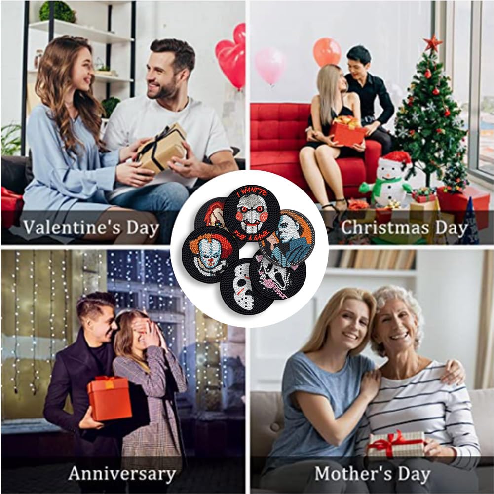 6 PCS Diamond Painting Coasters Kits with Holder Horror Halloween, DIY Funny Jack Skull Diamond Art Coaster Sets for Beginners Adults and Kids Art Craft Supplies Holiday Gift Bysincy