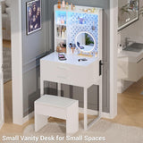 Besiost Small Vanity Desk with Hutch and Drawers, White Makeup Vanity Desk with Charging Station, Vanity Table Dressing Table with LED Lights, Vanity Desk No Mirror with Pegboard for Girls Women, 24" Besiost