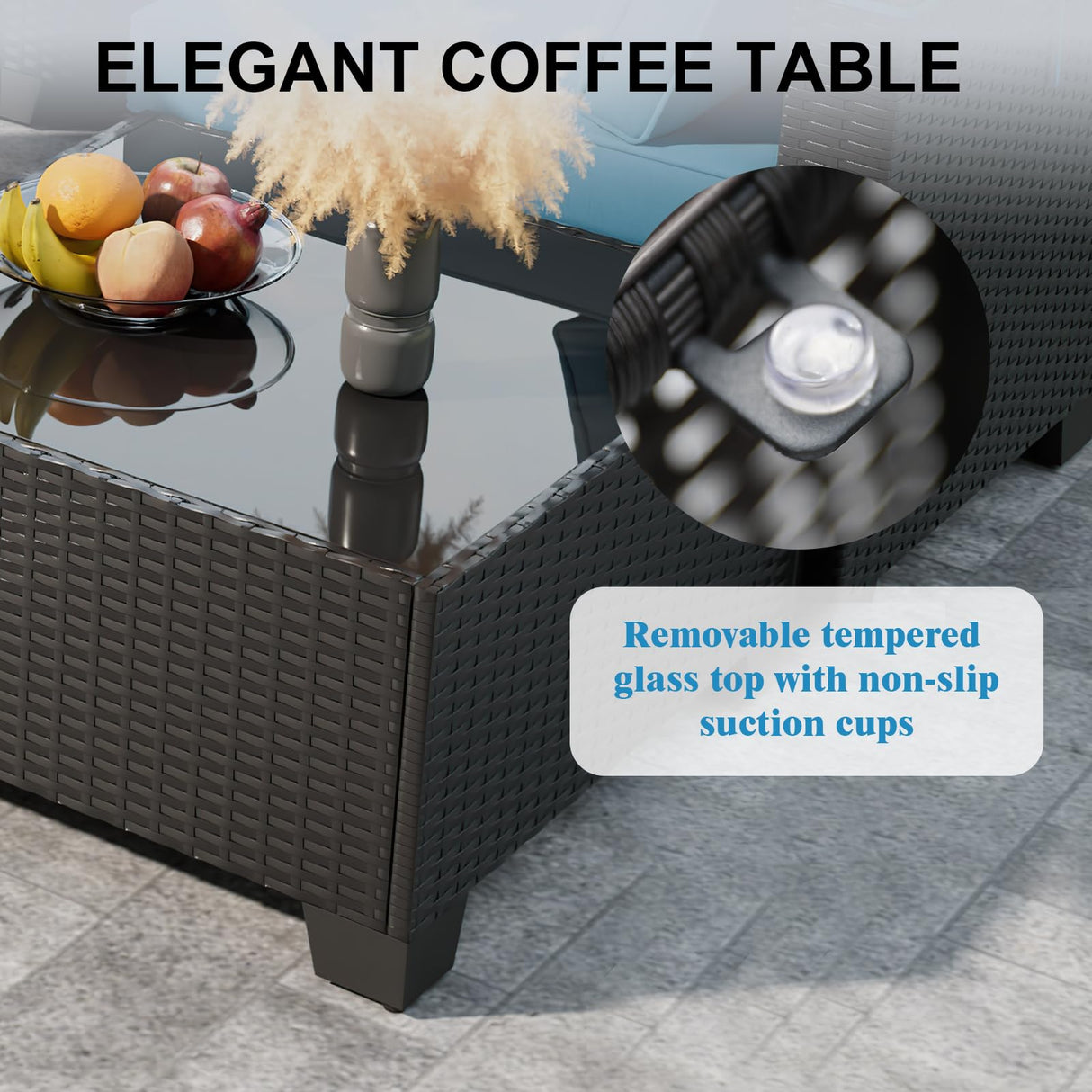 Peacabo 8 Piece Outdoor Patio Furniture Set with Fire Pit Table, Wicker Sectional Sofa Set with Thick Cushions, Perfect for Garden Lawn Pool or Backyard, (Brown/Peacock Blue) Peacabo