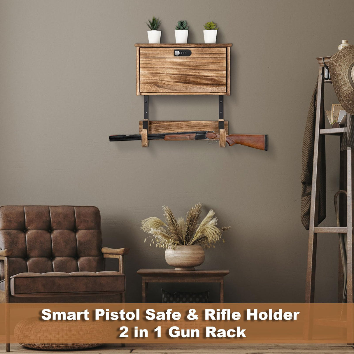 Gun Rack Wall Mount Lock Gun Racks for Wall With Storage 2 Pistol & 1 Gun, Wood Rifle Shotgun Wall Mount Gun display amoard