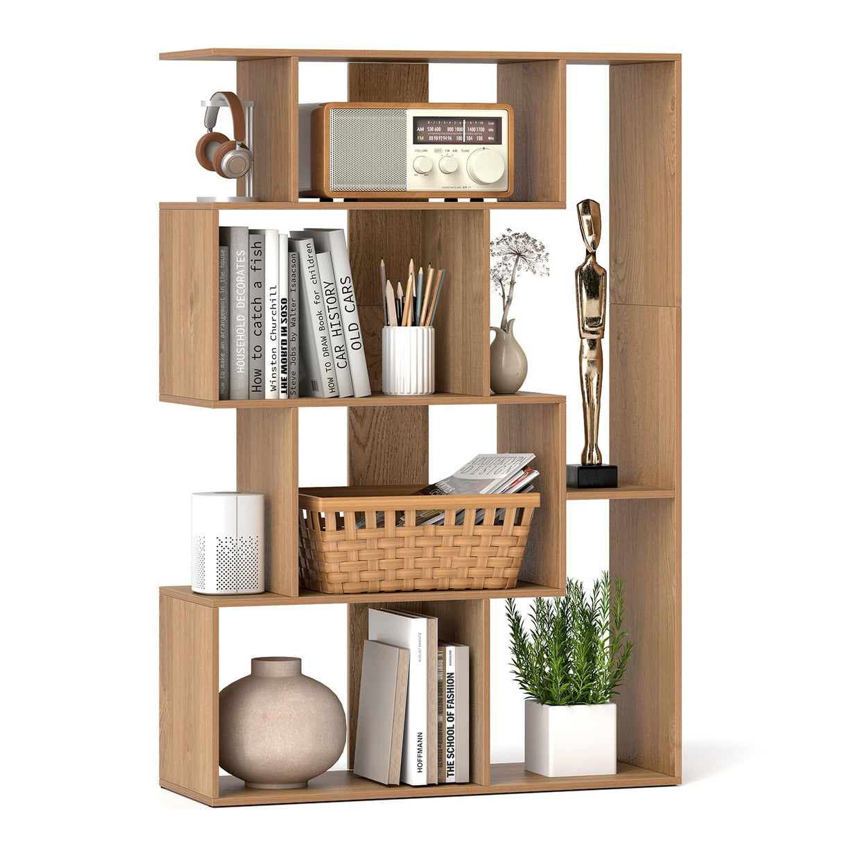 Nightcore 5-Tier Geometric Bookshelf, 47” Tall Modern S-Shaped Bookcase with 6 Storage Cubes, Freestanding Storage Organizer Display Rack for Living Room, Bedroom, Home Office (Natural) WoodArtSupply