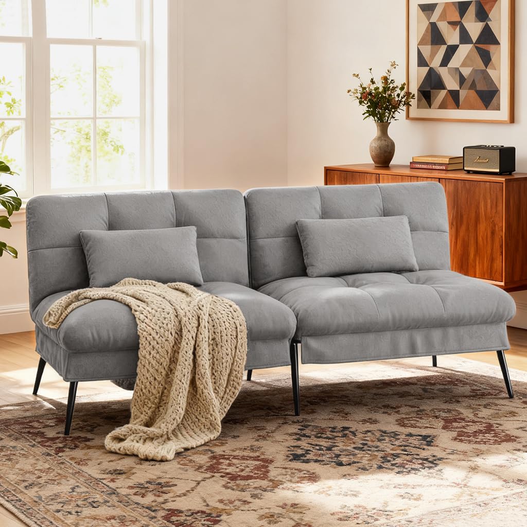 COMHOMA Convertible Sofa Bed,72″Fabric Couch with Adjustable Backrest,Loveseat Recliner Sleeper Living Room Furniture futon Set (Grey) COMHOMA