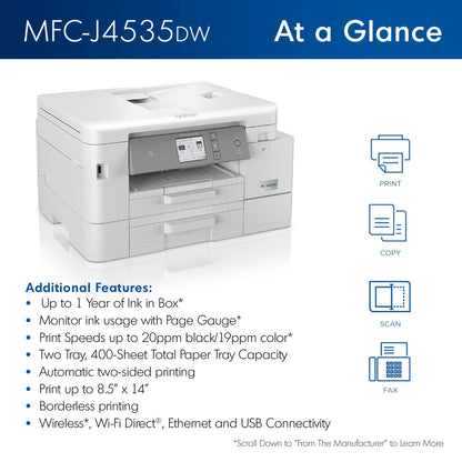 Brother MFC-J4535DW INKvestment -Tank All-in-One Color Inkjet Printer with NFC, Duplex and Wireless Printing Plus Up to 1-Year of Ink in-Box, White