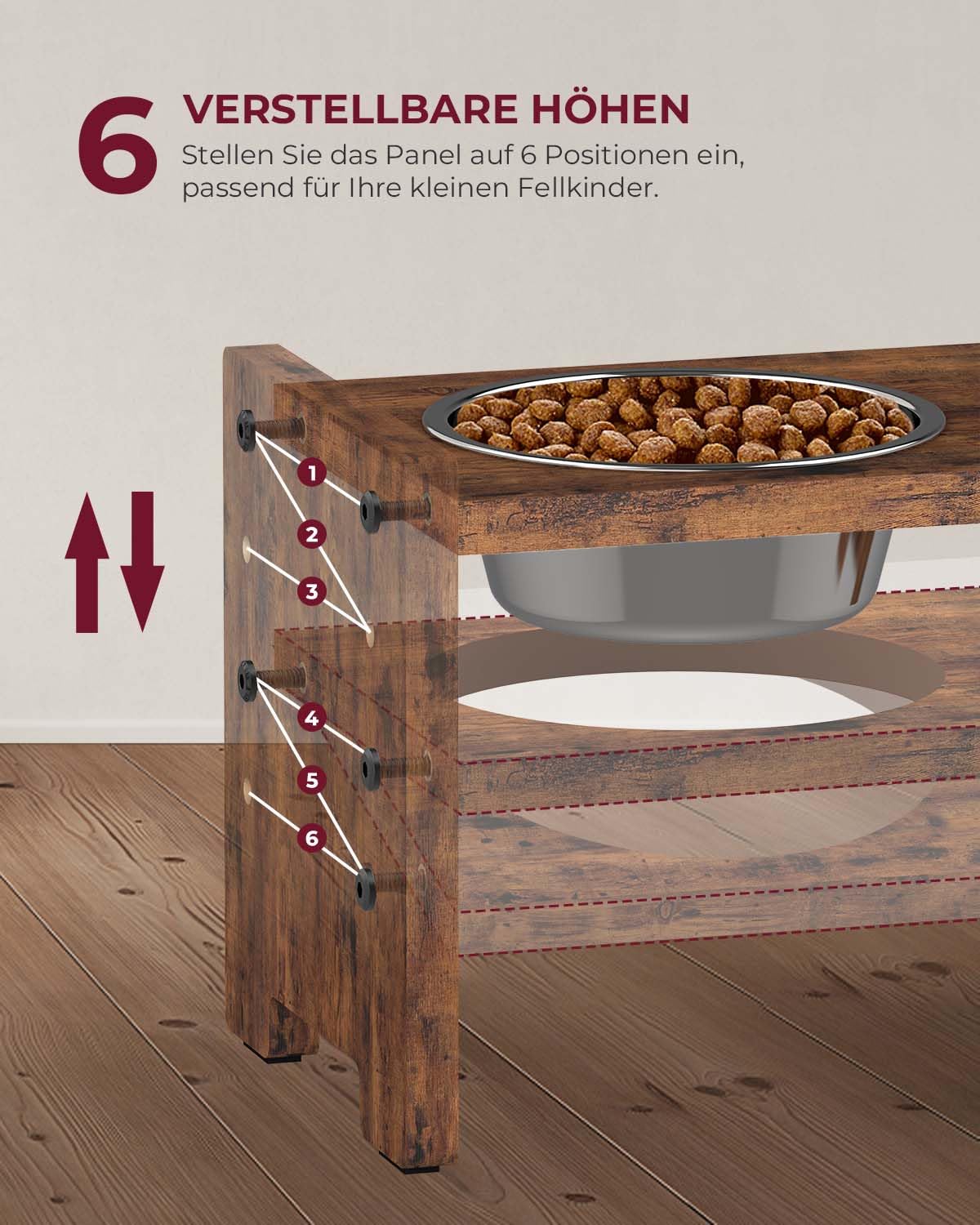 Vantic Elevated Dog Bowls - Adjustable Raised Dog Bowls for Small Dogs and Cats, Sturdy Rustic Brown Particle Board Dog Food Bowl Stand with 2 Stainless Steel Bowls and Non-Slip Feet Vantic