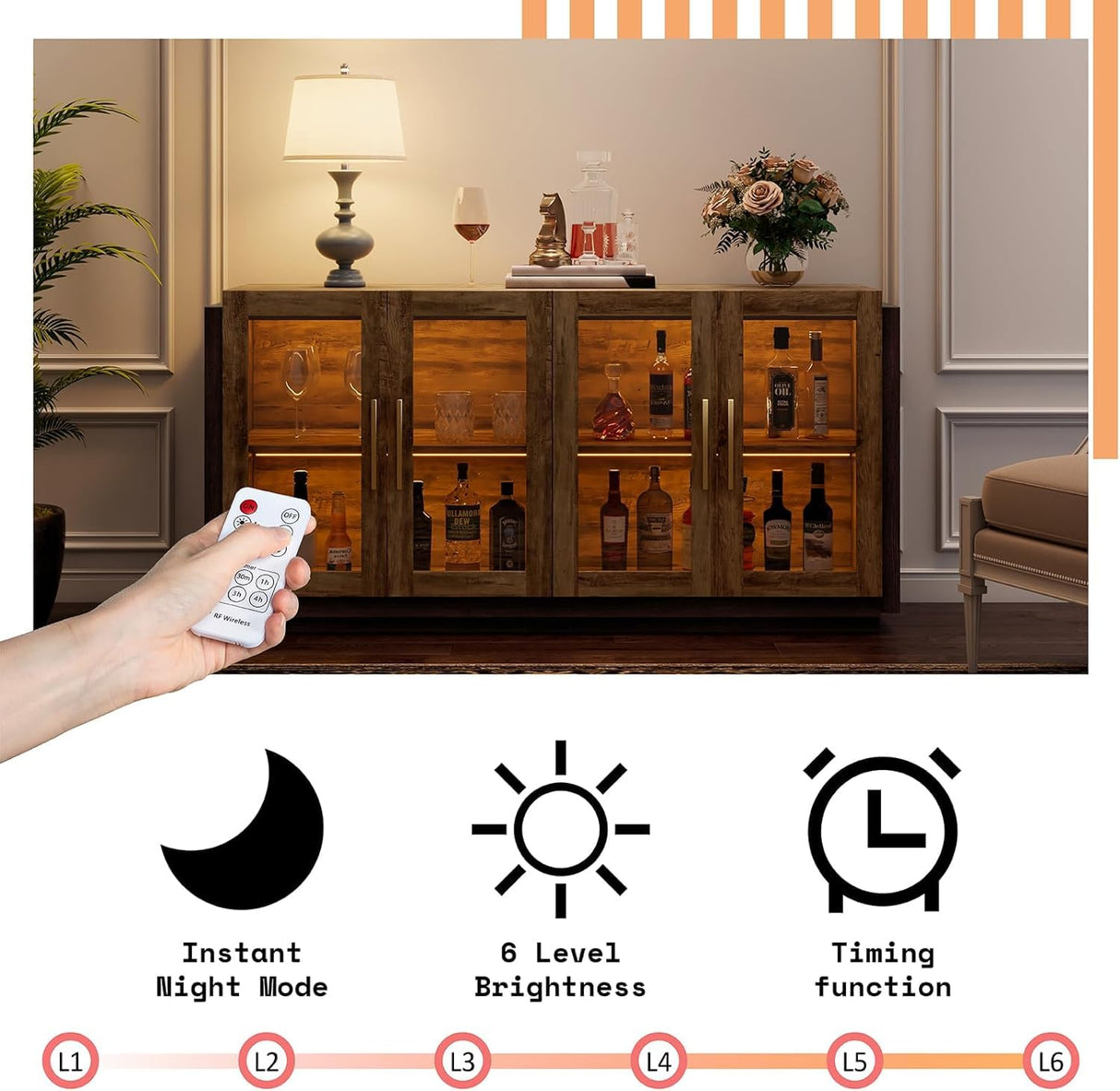 AMERLIFE Sideboard Buffet Cabinet, Mixed Color Accent Cabinet with LED Lights, Modern Glass Doors Storage Cabinet with Adjustable Shelf, Console Table for Dining, Living Room, Barnwood&Brown AMERLIFE