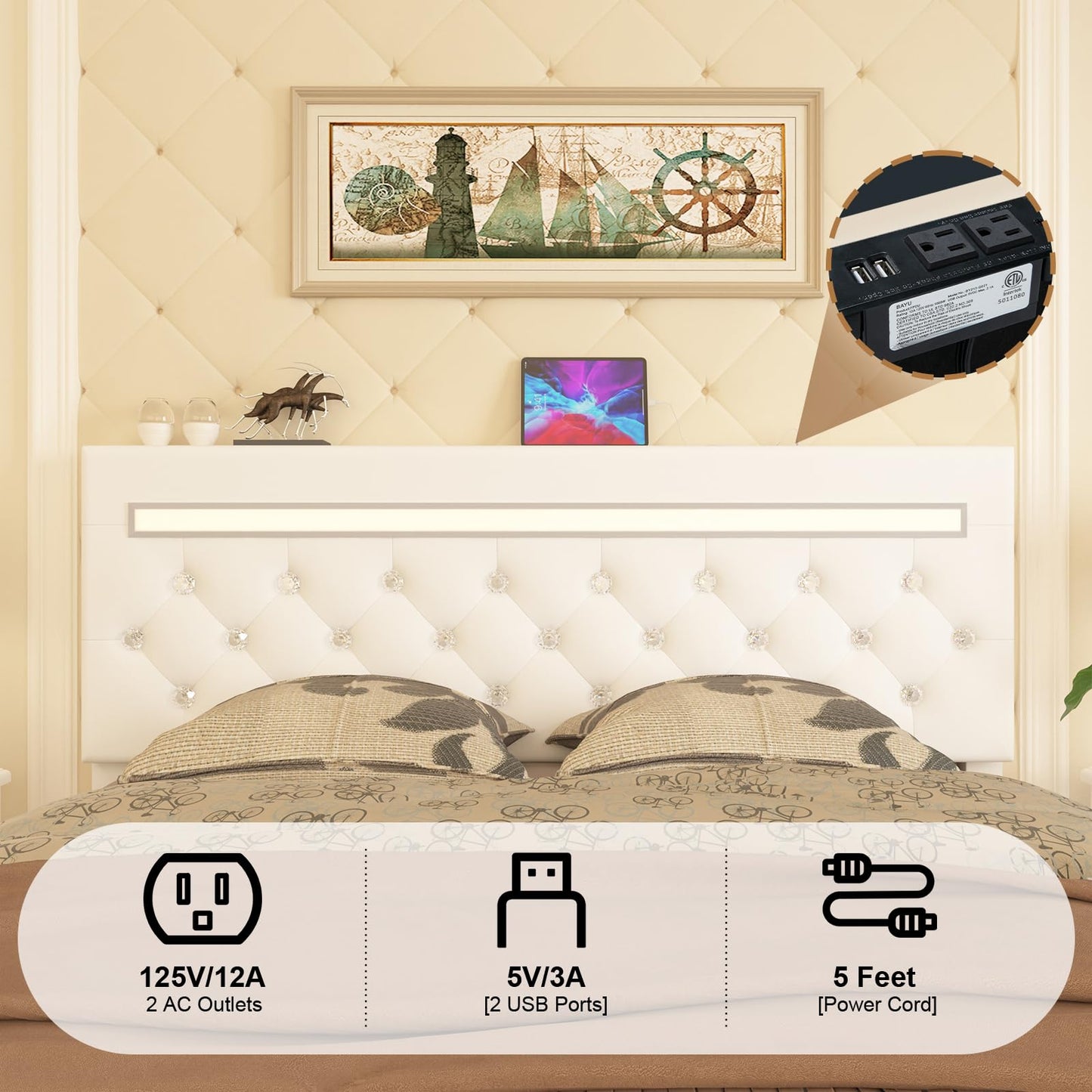 Kallabe White King Size Adjustable Leather Bed Frame with LED Lights & Charging Station - WoodArtSupply