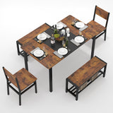 NAIYUFA Dining Table Set for 4-6 People,Industrial Dining Table with 2 Benches and 2 Chairs,Kitchen Table Set with Storage Rack for Dining Room,Saving Space,Rustic Brown NAIYUFA