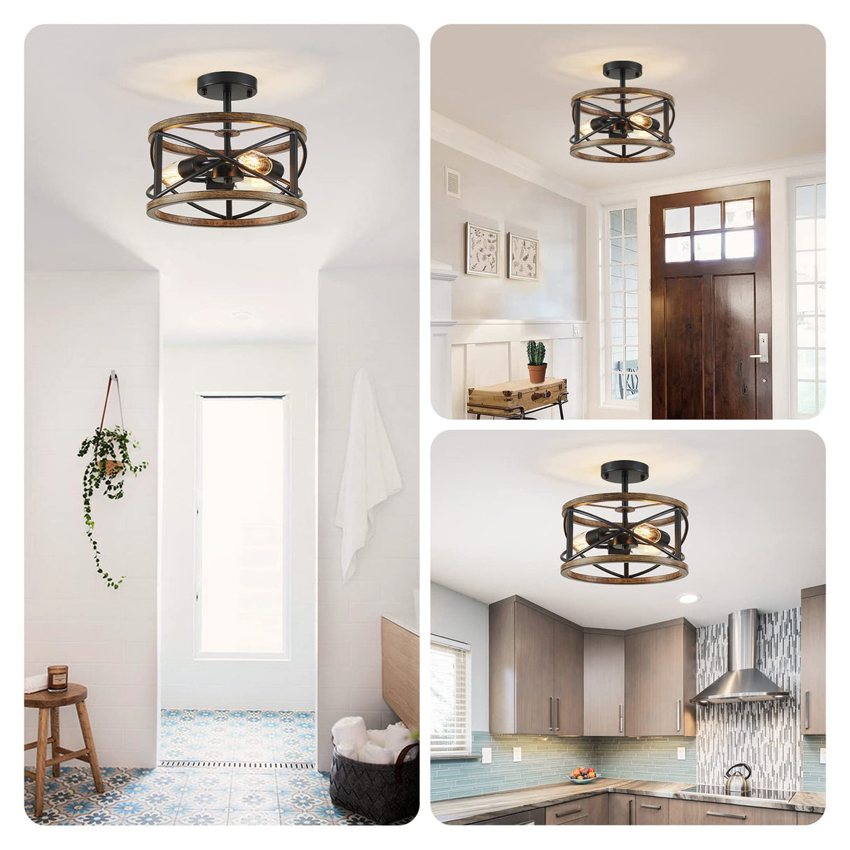 WUZUPS Chandelier 3-Light Imitation Wood Grain Vintage Farmhouse Industrial Semi-Flushmount Ceiling Light Lighting Fixture for Foyer Hallway Storage Room Kitchen Bathroom, H 9.4" W 12", Black WUZUPS