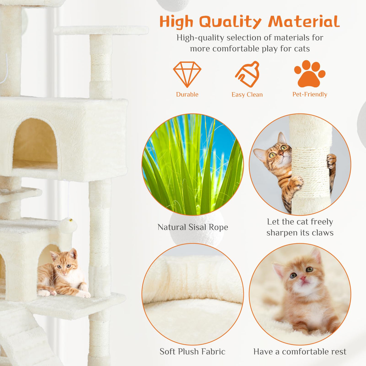 54 Inches Cat Tree Tower Condo Furniture, Cat Tower for Indoor Cats, Cozy Hammock and Sisal Scratching Posts, Multi-Level Durable Cat Scratch Post for Kittens Pet House Play, Detachable Toy, Beige Simple Deluxe