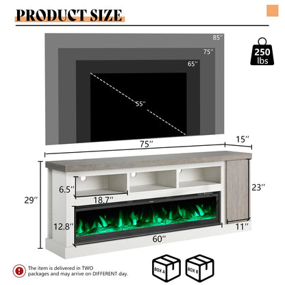 AMERLIFE 75" Fireplace TV Stand with 60" Glass Electric Fireplace, Color Contrast Rustic Media Entertainment Center with Storage for TVs Up to 85" for Living Room, White & Light Gray