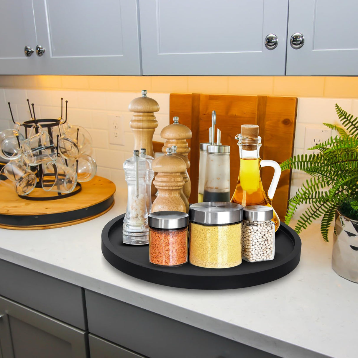 Black Wood Lazy Susan Cabinet Turntable Round Bathroom Vanity Organizer Tray Decorative 12" Wooden Lazy Susan for Dining Table Top Kitchen Sink Countertop Large Lazy Susan Rotating Tray Spice Rack Ayiaren