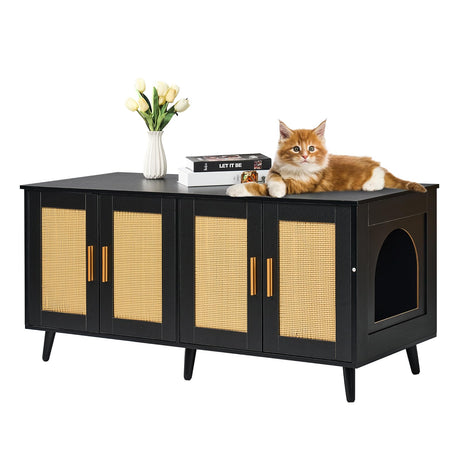 VEVOR Cat Litter Box Enclosure for 2 Cats, Litter Box Furniture Hidden with Rattan Decorated Doors, Wooden Cat Box Cabinet Fit Most of Litter Box, 47.2" L x 19.7" W x 21.7" H, Black VEVOR