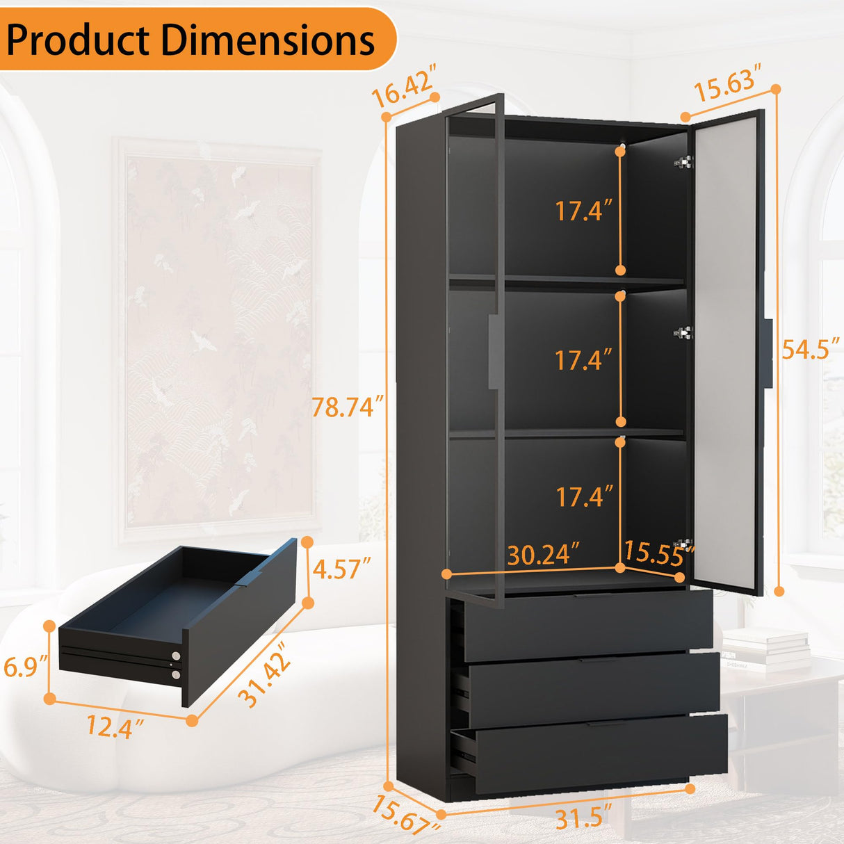 Mhsatyrs Display Cabinet with Glass Doors: 79" Black Tall Bookcase with Cabinet with 2 Doors and 3 Color Lights，Curio Bookshelf with Glass Door and 3 Drawers(Black) Mhsatyrs