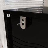 Hitow High Gloss Curio Display Cabinet for Collectibles, 63" W Lighted Bookshelf, Metal and Wood Bookshelf with Glass Doors & Drawers, Rustic Glass Display Case for Living Room, Black & Wood Grain Hitow