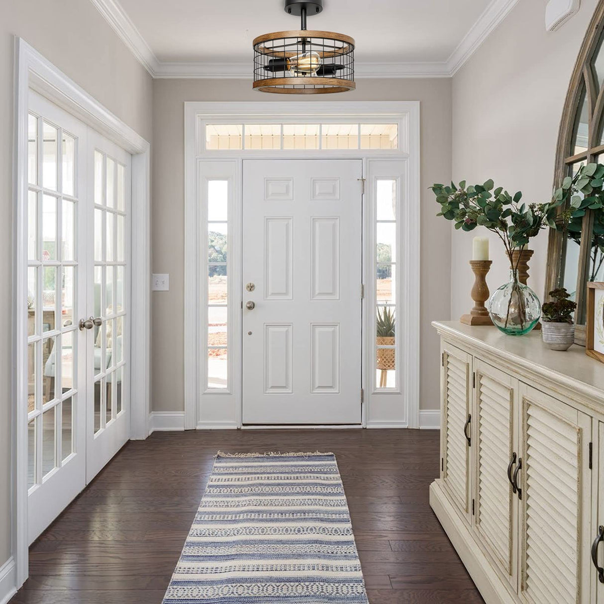 2-Light Farmhouse Semi Flush Mount Ceiling Light Fixture, Rustic Drum Wood Ceiling Lamp for Hallway Kitchen Entryway Foyer Bedroom Laundry Room, Nature Wood Texture and Black Metal Fence Finish WOAEKR