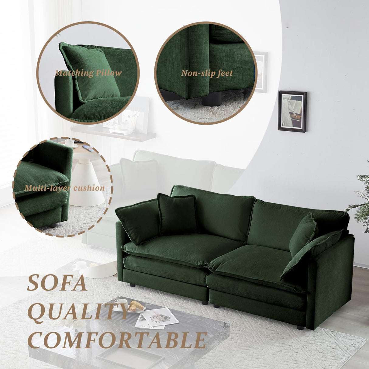 SoarFlash Chenille Sectional Sofa, Comfy Modular Loveseat Sofa, Modern 2-Seat Couch Deep Seat Sofa Set for Living Room,Green SoarFlash
