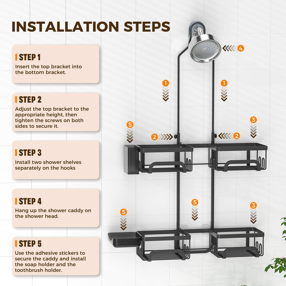 REINHARDT Shower Caddy Hanging for Handheld Showerheads Adjustable Split Shower Caddy, Rustproof Shower Organizer with Hooks for Razors Over the Head Caddy with Soap Holder Bathroom Accessories, Black REINHARDT
