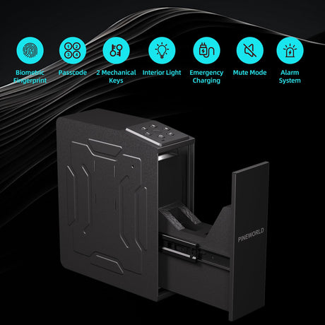 PINEWORLD Gun Safe For Handgun, Biometric Slider Bedside Handgun Safe, Pistol Lock Case for Nightstand,Sliding Door Hand Gun Safe for Pistol -with 3 Quick Access Fingerprint, PIN Code, KEY PINEWORLD
