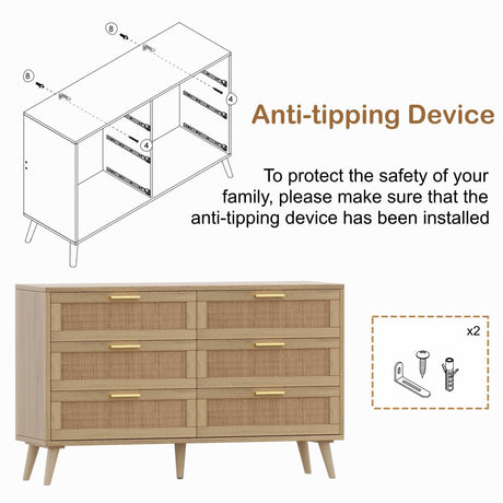 Rovaurx 6 Drawer Double Dresser for Bedroom, Rattan Chest of Dressers, Modern Wooden Dresser Chest with Golden Handles, Beside Table for Closet, Living Room and Entryway, Natural RDG001M Rovaurx