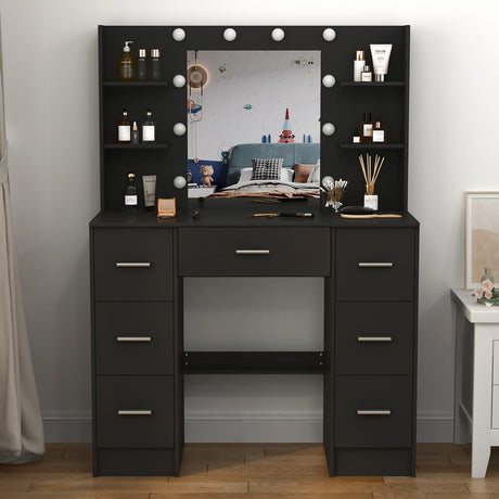 Black Vanity Desk with 10 LED Lighted Mirror, Make Up Vanity with 7 Drawers, 4 Open Shelves, 39.5" W Large Vanity Table 3 Color Modes Available, Vanity Set for Bedroom Hikooo