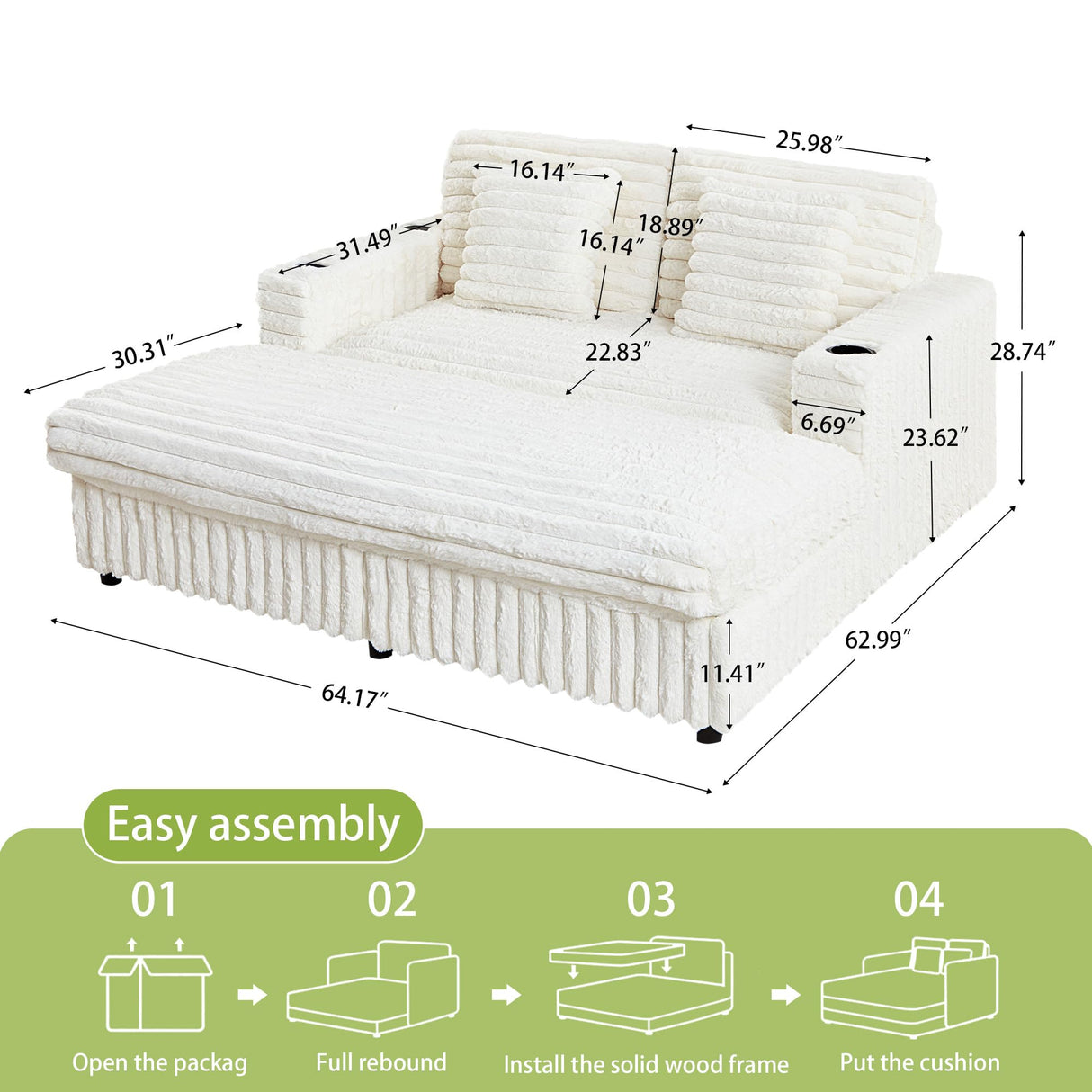 RARZOE 64'' Oversized Chaise Lounge Chair Indoor, Plush Faux Rabbit Fur Sleeper Sofa Bed with 4 Pillows, Charging Station & Cup Holders, Fluffy Comfy Cloud Couch Loveseat Sofa for Living Room,Beige RARZOE