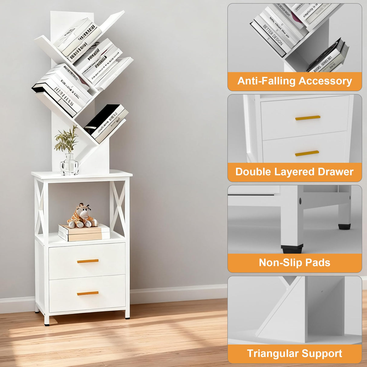 Lightdot Bookshelf with Double Drawer, 5 Shelf Tree Bookshelf, Wooden Bookshelves Storage Rack for CDs/Movies/Books, White Bookcase, Utility Organizer Shelves for Living Room, Bedroom Lightdot