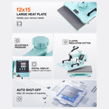 VEVOR Heat Press Machine, 12 x 15 inch, 5 in 1 Heat Transfer Machine with 30 oz Tumbler Press, 360° Swing Away T-Shirt Pressing, Digital Precise Control, for T-Shirts/Mugs/Hats/Plates, Green VEVOR