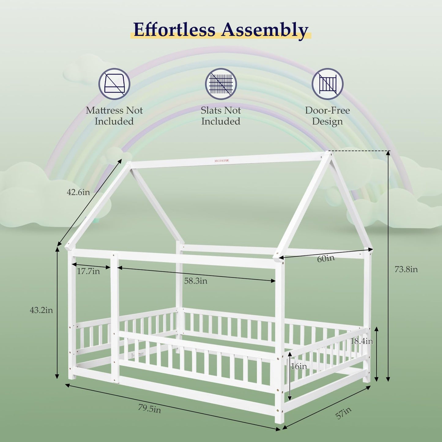 Tatub Montessori Full House Floor Bed for Kids with Guardrails and Roof - White - WoodArtSupply