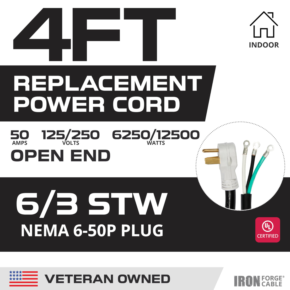 Iron Forge Cable NEMA 6-50 EV Replacement Extension Cord 4 ft with Open End, 50 Amp Power Cord with Eyelet 3 Wire 6/3 Gauge Cord - STW 250V for Level 2 EV Charger & Welder UL Certified IRON FORGE CABLE