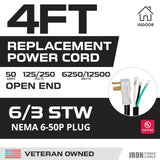 Iron Forge Cable NEMA 6-50 EV Replacement Extension Cord 4 ft with Open End, 50 Amp Power Cord with Eyelet 3 Wire 6/3 Gauge Cord - STW 250V for Level 2 EV Charger & Welder UL Certified IRON FORGE CABLE