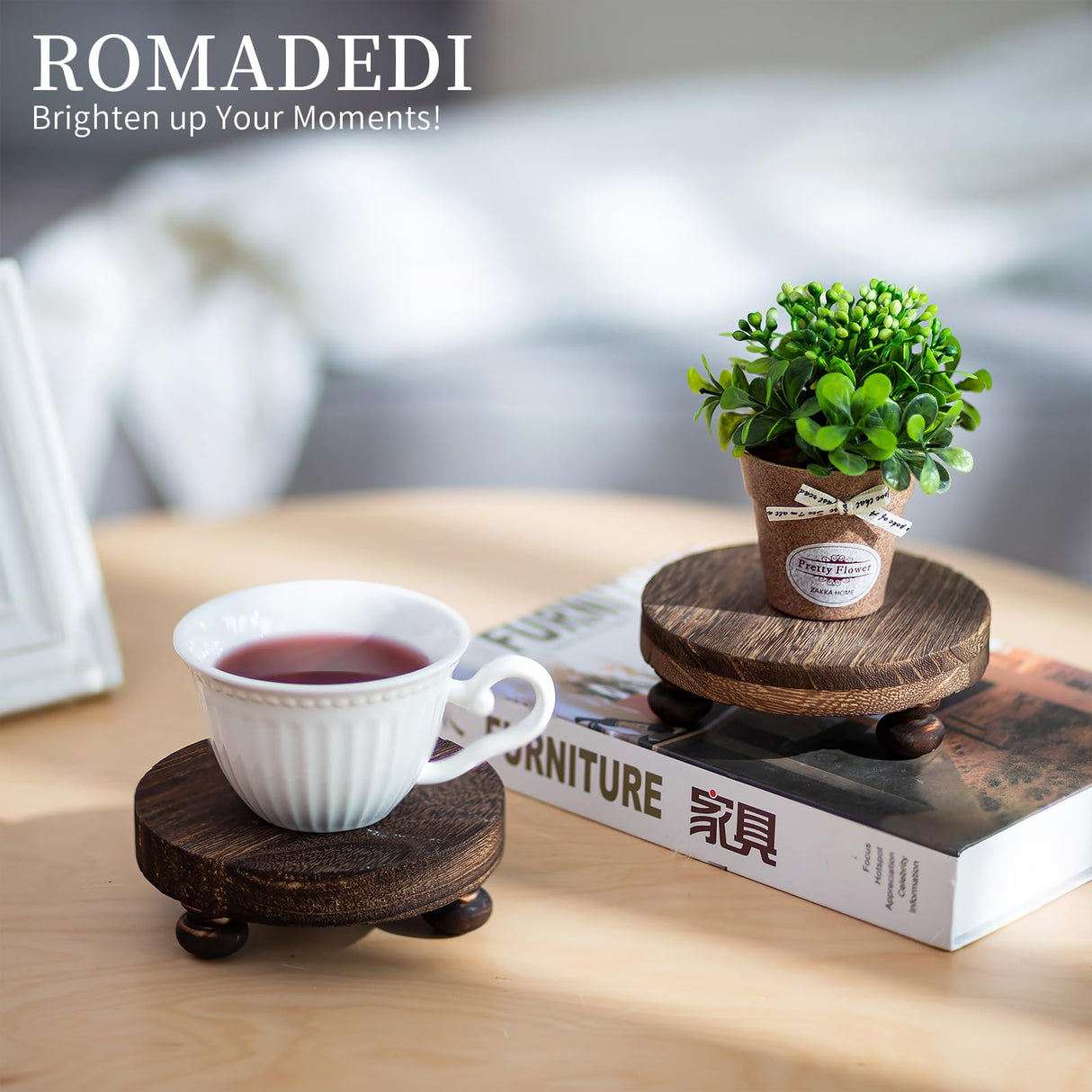 Romadedi Farmhouse Wood Riser for Display- 2 pcs Rustic Decor Mini Wooden Pedestal Decorative Round Tray for Home Table Bathroom Counter Shelf Kitchen, Brown Romadedi