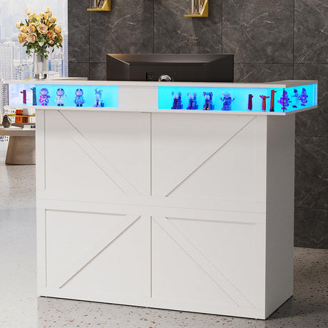 PakaLife Reception Desk with Counter, Front Desk Reception Counter Table with LED Lights, Retail Counter with Power Outlets,Drawers,Shelves, for Beauty Salon Lobby Shop Bar Checkout Office,White PakaLife