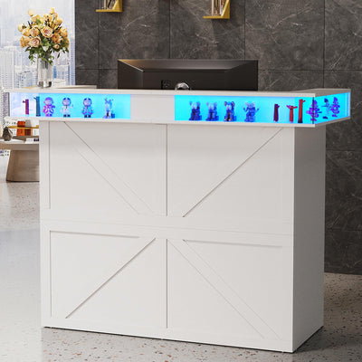 PakaLife Reception Desk with Counter, Front Desk Reception Counter Table with LED Lights, Retail Counter with Power Outlets,Drawers,Shelves, for Beauty Salon Lobby Shop Bar Checkout Office,White