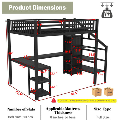 MoproBeti Full Size Loft Bed with Desk and Stairs,Metal Gaming Loft Bed Full with Wardrobe and Shelf, High Loft Bed with LED & USB Charging Station for Teens, Adults, Space Saving Design,Black