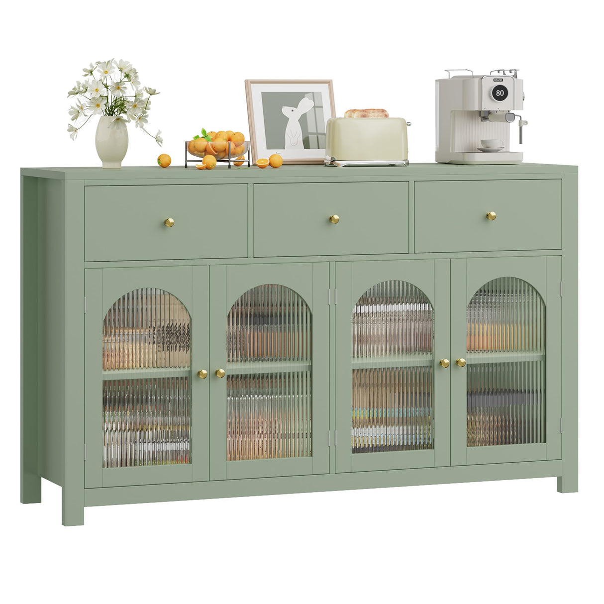 FINETONES Buffet Cabinet with Storage, 55.1" Large Sideboard Buffet, Farmhouse Kitchen Cabinet with 3 Drawers and 4 Doors, Wood Coffee Bar Table for Kitchen, Green FINETONES