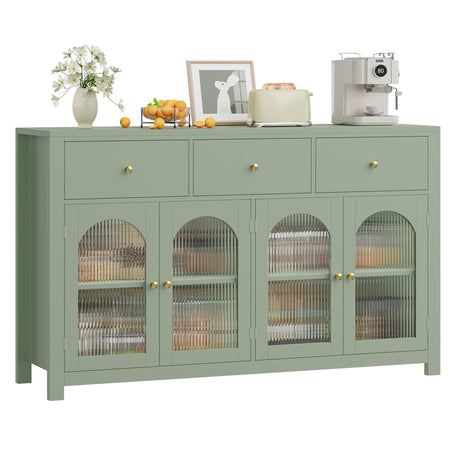 FINETONES Buffet Cabinet with Storage, 55.1" Large Sideboard Buffet, Farmhouse Kitchen Cabinet with 3 Drawers and 4 Doors, Wood Coffee Bar Table for Kitchen, Green FINETONES