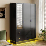 DalyLuxa 3 Doors Armoire Wardrobe Closet with Mirror & Organizers, LED Wooden Bedroom Armoires with Hanging Rod for Bedroom, Black DalyLuxa