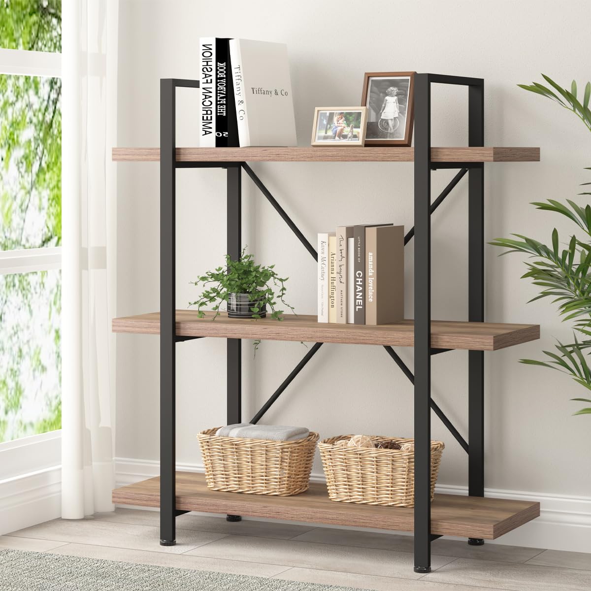 HSH Industrial 3 Tier Book Shelf, Modern Small Wood and Metal 3 Shelf Bookcase Etagere, Farmhouse Open Low 3 Tier Bookshelf and Display Storage Shelves for Bedroom Living Room Office, Rustic  - WoodArtSupply