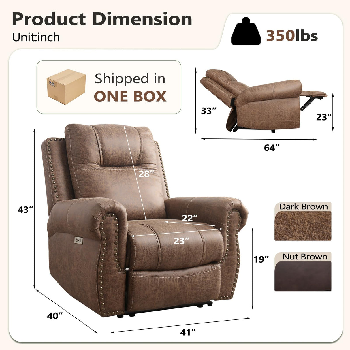 ANJ Electric Power Recliner Chair with USB Ports, Breathable Faux Leather Oversized Recliner with Comfortable Arms, Back and Headrest, Single Sofa for Living Room, Nut Brown ANJ