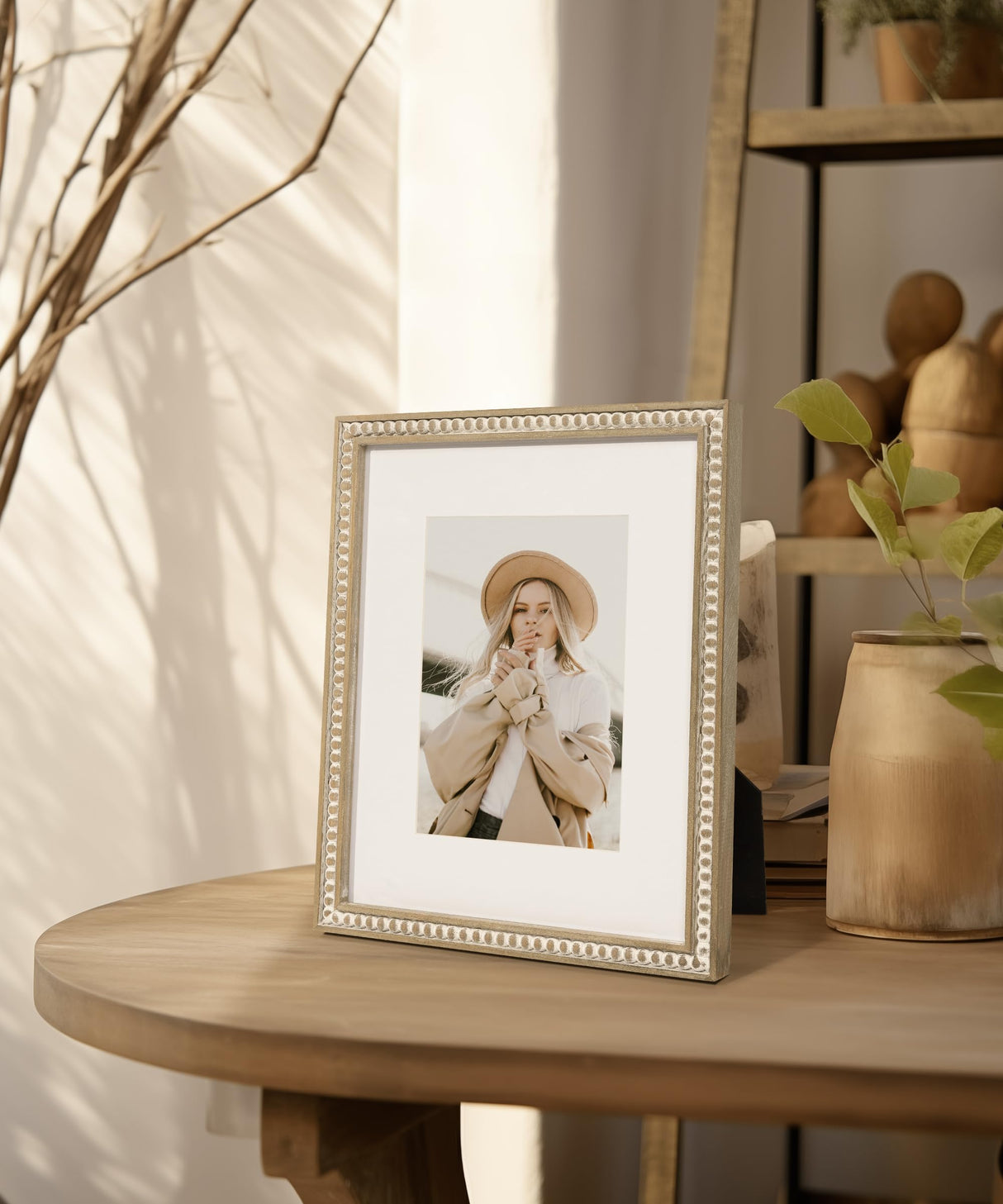 SUMGAR 8x10 Picture Frame Boho 5x7 Photo Frame with Mat Farmhouse White Wood Shabby Chic Wall Mounted Display for Birthday Wedding Friend Gifts with Distressed Decorative Pine Beads SUMGAR