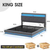 Fameill King Size Lift Up Storage Bed Frame, Storage Headboard with Charging Station, LED Lights Upholstered Platform Bed, No Box Spring Needed, Noise-Free, Dark Grey Fameill