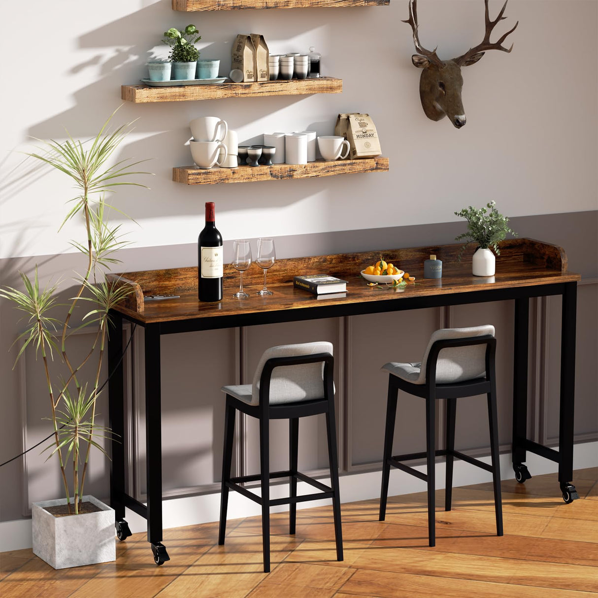 70.8" Standing Desk with Charging Station, Extra Long Desk on Wheels for Standing and Sitting, Sofa Table Behind Couch with Power Outlets and USB Ports, Easy Assembly, Walnut Ytaoka